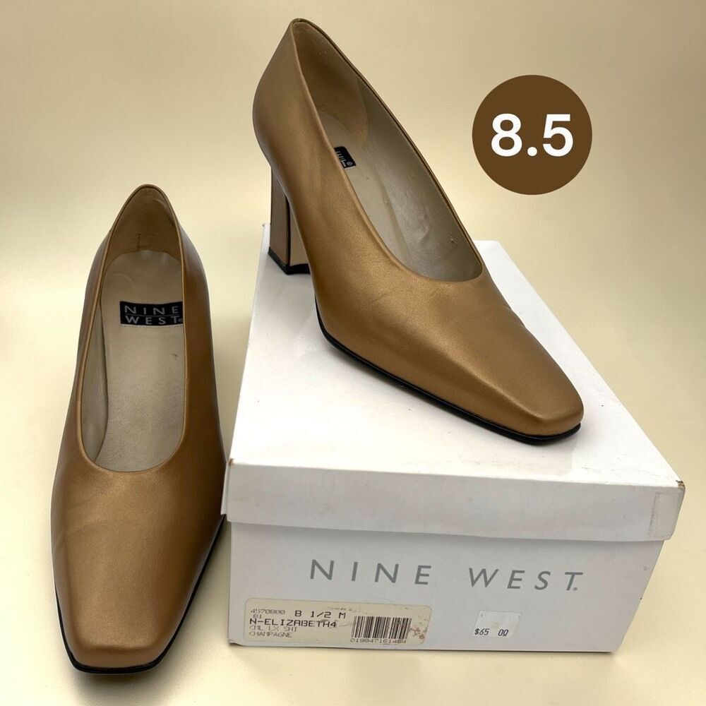 Nine West Womens Leather Square Toe Elizabeth Slip-on Pumps Gold Size 8.5
